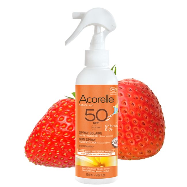 Protector solar para niños spray para niños de acorelle con karanja y fresas Bio